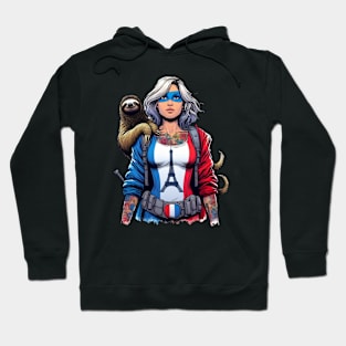 Francais: Female 90's Comic Book Hero with Sloth Hoodie